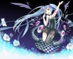  arm_up bare_shoulders blue_eyes blue_hair checkered checkered_floor collar flower full_body hand_on_headphones hatsune_miku headphones headset long_hair open_mouth piano_keys single_thighhigh sk skirt solo thigh-highs thighhighs twintails very_long_hair vocaloid 