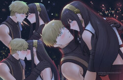  1boy 1girl aerial_fireworks armor bare_shoulders black_gloves black_hair blonde_hair blue_eyes blush chocorut cloud_strife cloud_strife_(cosplay) cosplay couple crop_top earrings english_commentary eye_contact face-to-face final_fantasy final_fantasy_vii final_fantasy_vii_rebirth final_fantasy_vii_remake fireworks from_side gloves gold_earrings gold_hairband hairband hetero jewelry kiss long_hair looking_at_another multiple_views paid_reward_available parted_lips patreon_username profile red_eyes ribbed_sweater short_hair shoulder_armor sleeveless sleeveless_turtleneck spy_x_family sweater tank_top tifa_lockhart tifa_lockhart_(cosplay) turtleneck turtleneck_sweater twilight_(spy_x_family) upper_body white_tank_top yor_briar 