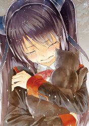  1girl absurdres animal animal_hug backlighting black_cat black_jacket blue_ribbon blush bow bowtie cat closed_eyes collared_shirt comiket_89 crying facing_viewer grey_background hair_between_eyes hair_ribbon hands_up highres holding holding_animal holding_cat jacket kuro_(little_busters!) light_particles little_busters! little_busters!_school_uniform long_hair long_ribbon long_sleeves non-web_source nose_blush pink_bow pink_bowtie purple_hair ribbon sad sasasegawa_sasami school_uniform shirt sidelocks simple_background solo straight_hair streaming_tears tears two_side_up upper_body very_long_hair white_shirt yae_(mono110) 