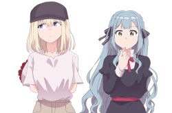  2girls absurdres arms_behind_back bang_dream! bang_dream!_it's_mygo!!!!! black_hat black_ribbon blonde_hair blue_hair bouquet closed_mouth collarbone commentary hair_ribbon hat highres holding holding_bouquet long_hair long_sleeves medium_hair misumi_uika multiple_girls peaked_cap ribbon short_sleeves simple_background thunder_line togawa_sakiko upper_body very_long_hair violet_eyes white_background yellow_eyes 