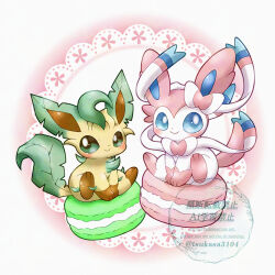  blue_eyes bright_pupils commentary_request food full_body green_eyes highres leafeon looking_at_viewer macaron no_humans on_food pokemon pokemon_(creature) simple_background smile sylveon tsukasa_pika watermark white_pupils 