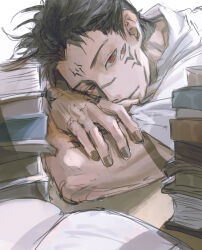  1boy arm_rest arm_tattoo arms_on_table black_hair black_nails book commentary extra_eyes head_rest highres jujutsu_kaisen looking_at_viewer looking_to_the_side male_focus pile_of_books red_eyes ryoumen_sukuna_(jujutsu_kaisen) ryoumen_sukuna_(second_possession)_(jujutsu_kaisen) short_hair simple_background solo tattoo white_background woshihedawei 