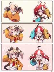  2girls ahoge alternate_hairstyle animal_ears blonde_hair blue_eyes breasts brown_hair collar commentary english_commentary gigi_murin gigi_murin_(1st_costume) grem_(gigi_murin) hair_ornament hairstyle_switch hakos_baelz hakos_baelz_(1st_costume) highres hololive hololive_english hood hoodboy49009174 hoodie medium_breasts mouse_ears mouse_girl multicolored_hair multiple_girls open_mouth orange_hoodie pink_eyes red_hair short_hair smile spiked_collar spikes streaked_hair tail twintails two-tone_hair virtual_youtuber 