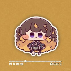  1girl ameya_(kappadoll) anya_melfissa black_dress blonde_hair blush_stickers brown_hair chibi chibi_only closed_mouth colored_inner_hair commentary_request dress full_body highres hololive hololive_indonesia jitome long_hair looking_at_viewer media_player_interface multicolored_hair outline simple_background smile solo standing two-tone_hair very_long_hair violet_eyes virtual_youtuber white_outline yellow_background 