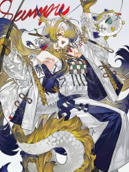  1girl :d absurdres arknights bare_shoulders closed_eyes colored_extremities commentary dragon_bean_(arknights) dragon_girl dragon_horns dragon_tail earrings eastern_dragon_horns eastern_dragon_tail facing_viewer feet_out_of_frame fishing_rod grey_hair highres holding holding_fishing_rod horns jacket jewelry long_hair long_sleeves mei_day_mei_day multicolored_hair necklace off_shoulder open_clothes open_jacket open_mouth pants pointy_ears sample_watermark shu_(arknights) sitting smile solo strapless tail tube_top untranslatable_commentary very_long_hair watermark white_jacket white_pants white_tube_top yellow_hands 