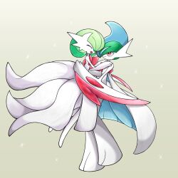  1boy 1girl ^_^ arm_blade backless_dress backless_outfit bare_shoulders blue_hair bob_cut closed_eyes colored_skin commentary_request couple dress facing_another from_side full_body gallade gardevoir gradient_background green_background green_hair hair_over_one_eye hands_on_another's_shoulders hands_up happy hetero highres hug lifting_person long_dress looking_at_another mega_gallade mega_gardevoir mega_pokemon mohawk multicolored_hair mutual_hug nanairo_(pixiv_116811856) no_feet one_eye_covered open_mouth pokemon pokemon_(creature) red_eyes short_hair simple_background smile sparkle standing two-tone_hair weapon white_dress white_skin 