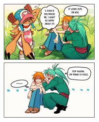  ... 1boy 2girls animal_ears antlers bangle blue_nose blue_pants blush bracelet commentary deer_ears denim dress ear_piercing earrings english_text flying_sweatdrops genderswap genderswap_(ftm) genderswap_(mtf) grass green_hair hat high_ponytail highres horns jeans jewelry ki2ri5 log_pose long_hair looking_at_another motion_lines multiple_girls nami_(one_piece) one_piece orange_hair pants piercing pink_dress ponytail reindeer_antlers reindeer_girl roronoa_zoro sandals sash scar scar_across_eye scar_on_face short_hair sitting speech_bubble spoken_ellipsis squatting tony_tony_chopper topless_male 