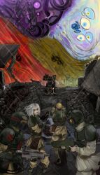  1girl 5boys adeptus_astartes armor astra_militarum black_legion_(warhammer_40k) bolter breastplate breasts cadian_shock_troops chaos_(warhammer) chaos_space_marine commentary english_commentary facial_tattoo fake_horns full_armor gauntlets green_gauntlets gun hat hellgun helmet highres holding holding_bolter holding_gun holding_weapon horned_helmet horns imperium_of_man kasrkin kkghost_tv lasgun laspistol long_sleeves mask military_uniform mouth_mask multiple_boys pauldrons power_armor ruins short_hair shoulder_armor skull tattoo warhammer_40k weapon white_hair 