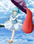  blue_hair fang geta heterochromia highres karakasa_obake nogisaka_kushio nogizaka_kushio short_hair sky solo tatara_kogasa tongue touhou umbrella 