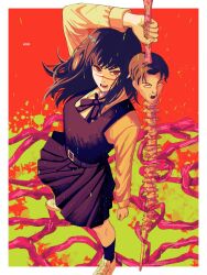  1girl belt black_hair black_socks blood blood_stain breasts chainsaw_man choppy_bangs collared_shirt commentary cross_scar disembodied_head dress dress_shirt facing_viewer fourth_east_high_school_uniform highres holding holding_sword holding_weapon intestines long_hair long_shirt long_sidelocks long_sleeves mccheese neck_ribbon open_mouth pinafore_dress pleated_skirt red_background red_eyes ribbon ringed_eyes scar scar_on_cheek scar_on_face scar_on_nose school_uniform shirt shoes sidelocks skirt sleeveless sleeveless_dress socks standing suspender_skirt suspenders sword tanaka_(chainsaw_man) teeth tongue unconventional_weapon weapon white_shoes wing_collar yoru_(chainsaw_man) 