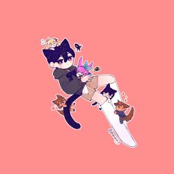  2girls 4boys alternate_costume animal_ears antenna_hair artist_name aubrey_(faraway)_(omori) aubrey_(omori) bad_id bad_twitter_id basil_(faraway)_(omori) basil_(omori) black_bow black_hoodie blonde_hair blue_eyes blue_hairband blush bow bright_pupils brother_and_sister brothers brown_hair brown_shorts cat_boy cat_ears cat_girl cat_tail closed_eyes closed_mouth commentary_request dark-skinned_male dark_skin dog_boy double-parted_bangs flying_sweatdrops hair_behind_ear hair_between_eyes hairband heart hero_(faraway)_(omori) hero_(omori) highres hood hood_down hoodie kel_(faraway)_(omori) kel_(omori) kemonomimi_mode kneehighs korean_commentary long_hair long_sleeves looking_at_another looking_at_viewer mari_(faraway)_(omori) mari_(omori) mini_person miniboy minigirl morivivi3 multiple_boys multiple_girls omori open_mouth pink_background pink_hair rabbit_boy rabbit_ears rabbit_girl rabbit_tail short_hair shorts siblings sidelocks simple_background smile socks something_(omori) sunny_(omori) sweat tail twitter_username white_pupils white_socks 