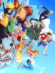  2girls 6+boys abs afro antlers bikini bikini_top_only black_hair blonde_hair blue_hair blue_sky brook_(one_piece) chest_tattoo commentary crown denim english_commentary eyewear_on_head facial_hair feather_boa franky_(one_piece) goatee green_kimono guitar hat high_heels highres holding holding_guitar holding_instrument horns instrument japanese_clothes jeans jinbe_(one_piece) jumping kimono long_hair looking_ahead monkey_d._luffy multiple_boys multiple_girls nami_(one_piece) nico_robin one_piece open_mouth overalls pants pompadour profile red_shirt reindeer_antlers roronoa_zoro sandals sanji_(one_piece) sash shirt short_hair skeleton sky smoke smudgeandfrank straw_hat straw_hat_pirates sunglasses swimsuit tattoo tony_tony_chopper usopp v-shaped_eyebrows 