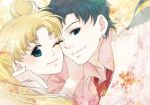  bishoujo_senshi_sailor_moon black_hair blonde_hair blue_eyes couple hug romance sailor_stars seiya_kou smile tsukino_usagi 