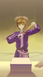  1girl alternate_costume alternate_hairstyle box brown_hair chinese_commentary commentary_request he_bao_qian_ting highres pointy_hair purple_shirt purple_skirt ritual_baton shirt skirt touhou toyosatomimi_no_miko yellow_background 