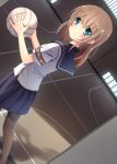  blue_eyes blush brown_hair dutch_angle gym holding indoors looking_back original oruton pantyhose pleated_skirt resized school_uniform short_hair short_sleeves skirt smile solo volleyball 