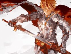  1boy armor artist_name blonde_hair braid cape commentary_request drawing_sword excalibur_(fate/strange_fake) fate/strange_fake fate_(series) floating_cape fur-trimmed_cape fur_trim holding holding_sword holding_weapon kalak_39 light_smile looking_at_viewer mixed-language_text multicolored_hair plate_armor red_cape red_eyes red_streaks richard_i_(fate) shining simple_background single_braid solo streaked_hair sword weapon weibo_username white_background 