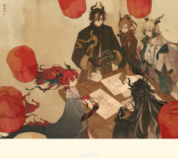  5boys absurdres arknights bead_bracelet beads bishounen black_coat black_hair black_hands black_robe blonde_streaks bracelet brothers brown_hair brown_hands brown_robe chinese_commentary chongyue_(arknights) coat colored_extremities commentary_request curtained_hair dragon_bean_(arknights) dragon_boy dragon_horns dragon_tail drawing_(object) earrings eastern_dragon_horns eastern_dragon_tail from_above fur-tipped_tail gradient_hair green_hands grey_hair hair_ornament hair_stick half_updo highres horns jewelry ji_(arknights) lantern long_hair looking_at_viewer looking_up male_focus mei_ren mole mole_under_eye multicolored_hair multiple_boys open_mouth paper_lantern pointing pointy_ears ponytail red_eyes red_hair red_hands robe seal_impression sepia siblings sky_lantern streaked_hair sweatdrop table tail tassel tassel_earrings two-tone_hair very_long_hair wang_(arknights) watermark weibo_username weibo_watermark white_coat white_hair yi_(arknights) yu_(arknights) 