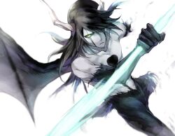  1boy amputee arrancar black_fur black_hair bleach broken_horn closed_mouth collarbone colored_sclera colored_skin commentary demon_horns demon_wings double_amputee energy_spear energy_weapon facial_mark green_sclera hair_over_one_eye highres hishui_prpr holding holding_polearm holding_weapon hole_in_chest hole_on_body horns looking_at_viewer polearm resurreccion solo topless_male ulquiorra_cifer weapon white_skin wing_amputee wings yellow_eyes 