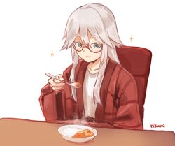 1girl akiyama_haruno blue_eyes blush commentary_request curry curry_rice eating food glasses holding holding_spoon kirara_fantasia mono_(afro) nituni_tuu0 rice shirt sitting sparkle spoon thick_eyebrows white_hair white_shirt