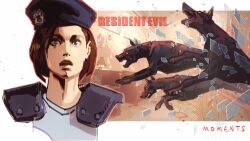  1girl beret blue_eyes blue_shirt broken_glass brown_hair commentary copyright_name dog english_commentary glass glass_shards hat highres jill_valentine parted_bangs parted_lips police police_uniform resident_evil resident_evil_1 shirt short_hair shoulder_pads upper_body vitaliy_shushko wide-eyed yellow_eyes 