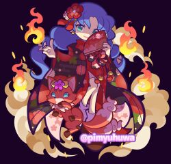  1girl animal aqua_eyes bell black_background black_bow black_kimono black_sash blue_eyes blue_hair blush_stickers bow cloud_print commentary_request earrings egasumi fire floral_print floral_print_kimono floral_print_sash flower forked_hair fox fox_shadow_puppet hair_bell hair_flower hair_ornament hair_ribbon hand_fan hitodama holding holding_fan japanese_clothes jewelry jingle_bell kanzashi kimono kitsune layered_kimono long_hair looking_at_viewer loose_socks low-tied_long_hair multiple_tails official_style okobo open_clothes open_kimono osaki_(puyopuyo) parted_lips pimyuhuwa pink_flower pink_kimono platform_sandals print_bow print_fan print_kimono puyopuyo puyopuyo_quest raised_inner_eyebrows red_flower red_kimono ribbon rulue_(puyopuyo) sandals sash shaded_face simple_background smile socks tail tsumami_kanzashi twitter_username two_tails very_long_hair white_ribbon white_socks wide_sleeves 