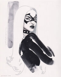  1girl black_cat_(marvel) bodysuit choker close-up commentary commission dated disgust domino_mask english_commentary eye_mask from_side greyscale highres jeff_dekal latex latex_bodysuit lips looking_afar marvel mask monochrome parted_bangs scan signature simple_background spider-man_(series) straight_hair superhero_costume thick_lips traditional_media upper_body web_address white_background white_hair 