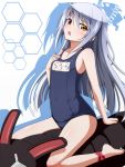  between_thighs blush clothes_writing clothing_writing flat_chest hand_on_own_chest hand_to_chest heterochromia highres infinite_stratos laura_bodewig long_hair name_tag negija no_eyepatch school_swimsuit silver_hair sitting solo swimsuit thighs 