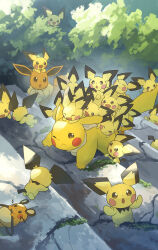  animal_focus bandana bandana_around_neck brown_eyes closed_eyes closed_mouth dedenne eevee highres no_humans one_eye_closed open_mouth outdoors pichu pikachu pokemon pokemon_(creature) pokemon_focus smile tail white_bandana yamaori_(hakkentai_pokedan) 