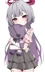 1girl alternate_costume bandaged_arm bandaged_fingers bandages bandaid bandaid_on_arm bandaid_on_leg bandaid_on_thigh black_nails black_skirt blue_archive clothing_cutout commentary_request cowboy_shot gauze gauze_on_arm gauze_on_cheek gauze_on_leg gradient_hair grey_hair halo highres hugging_doll hugging_object jirai_kei kamu_(geeenius) light_blush long_hair looking_at_viewer miniskirt multicolored_hair pink_shirt pointy_ears purple_halo shirt short_sleeves shoulder_cutout shuro_(blue_archive) simple_background skirt slit_pupils solo stuffed_toy two-tone_hair very_long_hair violet_eyes white_background 