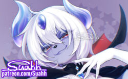  1girl :3 absol animal_nose artist_name asymmetrical_horns blue_gem blue_horns bob_cut body_fur bright_pupils brooch chromatic_aberration closed_mouth colored_skin commentary cropped english_commentary fang fang_out furry furry_female gem grey_skin hair_between_eyes half-closed_eyes hand_up happy head_tilt horns jewelry looking_at_viewer mega_absol mega_pokemon mixed-language_commentary patreon_username personification pokemon pokemon_(creature) portrait purple_background red_eyes short_hair sidleocks signature six_pointed_star smile solo star_(symbol) star_symbol_background suahh v-shaped_eyebrows watermark web_address white_fur white_hair white_pupils 
