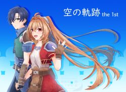  12_locus 1boy 1girl :d ahoge arm_guards armor belt belt_pouch black_gloves black_hair blue_background blue_pants blue_tunic brown_belt brown_gloves brown_hair buckle closed_mouth commentary_request copyright_name cropped_jacket curtained_hair double-parted_bangs eiyuu_densetsu estelle_bright fingerless_gloves floating_hair from_side gloves gradient_background green_jacket hair_between_eyes hair_intakes hairband hetero highres holding_hands jacket joshua_bright leather leather_belt leather_gloves light_smile long_hair looking_at_viewer metal_hairband miniskirt open_mouth pants parted_bangs pauldrons popped_collar pouch red_eyes red_jacket red_skirt shirt shirt_tucked_in short-sleeved_jacket short_sleeves shoulder_armor single_pauldron skirt smile sora_no_kiseki sora_no_kiseki_fc tunic turning_head twintails very_long_hair watermark white_shirt yellow_eyes 
