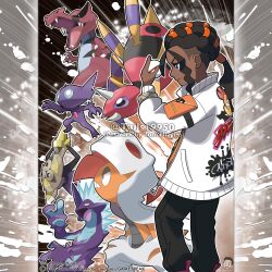  1boy absurdres aegislash ariados artist_name black_pants blue_gem bracelet brown_hair claws closed_mouth colored_tongue commentary company_name copyright_notice dark-skinned_male dark_skin english_commentary eyelashes fangs from_side gem highres holding holding_poke_ball holding_shield hood hood_up horns jacket jewelry krookodile long_hair long_sleeves male_focus mandibles mega_pokemon mega_ring mega_scrafty mega_stone merchandise_available naveen_(pokemon) nostrils official_style one-eyed open_clothes open_jacket open_mouth outline pants poke_ball pokemon pokemon_(creature) pokemon_legends:_z-a pokemon_team ponytail premier_ball purple_tongue sableye scrafty shield single_horn standing teeth tom_higgins tongue tongue_out toxtricity toxtricity_(low_key) undercut violet_eyes watermark white_jacket white_outline 