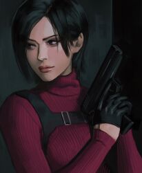  1girl ada_wong black_gloves black_hair breasts chest_harness closed_mouth dress gloves grey_eyes gun half_gloves handgun harness highres holding holding_gun holding_weapon jeseni medium_breasts parted_bangs red_dress resident_evil resident_evil_4 resident_evil_4_(remake) ribbed_dress short_hair solo turtleneck turtleneck_dress upper_body weapon 
