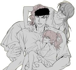  1boy 2girls abarai_ichika abarai_renji barefoot black_headband bleach bleach:_epilogue braid braided_ponytail commentary_request couple dress facial_mark family father_and_child father_and_daughter feet_out_of_frame hair_between_eyes hair_ribbon hand_on_another's_shoulder headband hetero highres husband_and_wife korean_commentary kuchiki_rukia long_hair mother_and_child mother_and_daughter multiple_girls neck_tattoo parent_and_child parted_lips ponytail red_hair ribbon shirt sleeveless sleeveless_dress sweatdrop tattoo white_background white_dress white_shirt xx_0_xx_o 