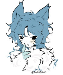  1boy animal_ears animal_hands black_eyes blonde_hair body_fur cat_boy cat_ears chiikawa claws finger_to_cheek hachiware_(chiikawa) hachiware_(chimera)_(chiikawa) hand_up humanization imaichichan long_hair looking_at_viewer male_focus monster_boy simple_background upper_body white_background white_fur 