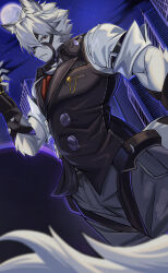  1boy absurdres animal_ear_fluff animal_ears bicep_strap blurry blurry_foreground body_fur closed_mouth collared_vest colored_tips cowboy_shot furry furry_male grey_pants grey_vest hand_up highres looking_at_viewer male_focus moon multicolored_hair muzzle_(mask) night outdoors pants red_eyes rxo2xs solo tail vest von_lycaon white_fur wolf_boy wolf_ears wolf_tail zenless_zone_zero 