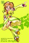  bow character_name cure_bright dress english futari_wa_precure_splash_star haruyama heart hyuuga_saki magical_girl multicolored_hair orange_hair poster precure solo star title_drop yellow yellow_background yellow_dress yellow_eyes 