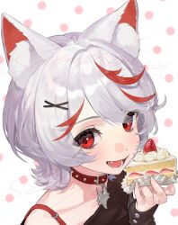  animal_ear_fluff animal_ears cake collar commentary commission food fruit grey_hair hair_ornament highres holding holding_food multicolored_hair off-shoulder_shirt off_shoulder open_mouth polka_dot polka_dot_background quan_1919 red_eyes shirt short_hair smile spiked_collar spikes strap strawberry strawberry_cake strawberry_shortcake streaked_hair x_hair_ornament 