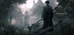  1boy angel_statue corruption demon_girl demon_wings english_text european_architecture fantasy grass grey_background grey_theme highres holding holding_scythe holding_weapon huge_weapon jaeun monk original overgrown praying scythe statue torn_wings weapon wings 