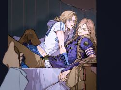  2boys arm_warmers belt blonde_hair blue_arm_warmers blue_eyes blue_pants boy_on_top brown_pants cape fingerless_gloves gloves green_eyes gyro_zeppeli hand_on_doorknob highres hood hood_down hoodie implied_yaoi johnny_joestar jojo_no_kimyou_na_bouken long_hair looking_at_viewer male_focus medium_hair multiple_boys open_door open_mouth pants purple_gloves purple_shirt shirt star_(symbol) steel_ball_run white_hoodie xing_wei_(likin000) 
