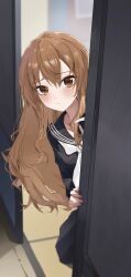  1girl absurdres aisaka_taiga black_sailor_collar black_serafuku black_shirt black_skirt blush brown_eyes brown_hair closed_mouth commentary doorway eimizzzzz hand_on_wall highres indoors long_hair long_sleeves looking_at_viewer messy_hair neckerchief oohashi_high_school_uniform peeking_out pleated_skirt sailor_collar school_uniform serafuku shirt skirt solo standing tatami toradora! white_neckerchief 