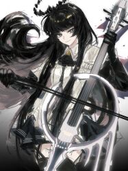 1girl absurdres arknights ascot black_ascot black_eyes black_gloves black_hair black_halo black_skirt blunt_bangs bow_(music) broken_halo cello chinese_commentary closed_mouth commentary_request cowboy_shot detached_wings floating_hair gloves gradient_background halo highres holding holding_bow_(music) instrument jacket ll_(xhs_535952731) long_hair looking_at_viewer pleated_skirt skirt smile solo very_long_hair virtuosa_(arknights) white_jacket wings 