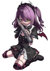  1girl ammunition_pouch bikini bikini_top_only black_bikini black_boots black_bow black_bowtie black_corset black_headdress black_shrug black_skirt boots bow bowtie breast_curtains brooch brown_hair commentary corset demon_girl demon_horns demon_wings detached_sleeves drill_hair explosive eyepatch_bikini fingernails grenade heart heart_brooch highres horns jewelry knee_boots licking_object long_fingernails long_sleeves looking_at_viewer maid_headdress mini_wings mismatched_pupils multicolored_thighhighs nail_polish no_eyepatch one_side_up pentagram-shaped_pupils petite platform_boots platform_heels pouch puritan_collar raised_inner_eyebrows red_eyes red_nails red_thighhighs sharp_fingernails short_hair shrug_(clothing) side_drill simple_background sitting skindentation skirt sleeves_past_wrists solo striped_clothes striped_thighhighs swimsuit taachika thigh-highs tongue tongue_out two-tone_thighhighs two_side_up unmei_meina untranslatable_commentary wariza white_background white_horns wings yugiri_high_school 