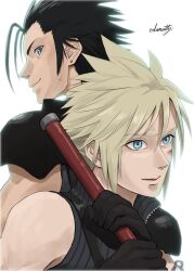  2boys artist_name back-to-back black_hair blonde_hair blood blood_on_face blue_eyes closed_mouth cloud_strife commentary_request cross_scar earrings final_fantasy final_fantasy_vii final_fantasy_vii:_advent_children highres holding holding_sword holding_weapon jewelry male_focus multiple_boys ribbed_shirt sanatty scar scar_on_cheek scar_on_face shirt simple_background single_bare_shoulder single_shoulder_pad sleeveless sleeveless_shirt sleeveless_turtleneck spiky_hair stud_earrings sword turtleneck upper_body weapon white_background zack_fair 