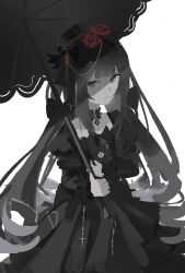  1girl black_dress black_eyes black_hair collar commentary cross dress drill_hair flower gothic_lolita hair_flower hair_ornament holding holding_stuffed_toy holding_umbrella juliet_sleeves lolita_fashion long_hair long_sleeves looking_at_viewer low_drills muted_colors original parasol pleated_dress puffy_sleeves red_flower simple_background solo square_neckline stuffed_animal stuffed_toy tr41sen twin_drills twintails umbrella untranslatable_commentary very_long_hair white_background 