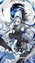  1girl arknights black_dress black_hat black_nails black_pantyhose black_sleeves black_thighhighs breasts criss-cross_straps detached_sleeves dress fingernails fy_fei_xiao_ya hat highres long_hair nail_polish pantyhose red_eyes smile solo specter_(arknights) specter_the_unchained_(arknights) thigh-highs thighhighs_over_pantyhose two-sided_fabric two-sided_headwear very_long_hair white_hair white_hat white_sleeves 