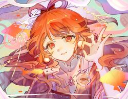  1girl absurdres arknights bag bagged_fish bow-shaped_hair chen_song_lian chinese_clothes closed_mouth coral_hair_ornament earrings feixianji_(hairstyle) fish goldfish hair_ornament hair_rings hair_stick hand_up hanfu haruka_(arknights) haruka_(stranded_in_utopia)_(arknights) highres jewelry long_hair looking_at_viewer official_alternate_costume orange_hair pointy_ears solo upper_body 