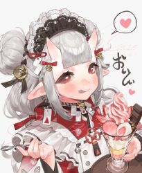  bell blunt_bangs bow braid chocolate colored_skin colored_tongue commentary commission food food_print frills fruit_print grey_hair hair_bun headband highres holding holding_spoon horns long_hair maid maid_headdress neck_bell original parfait pink_skin pointy_ears quan_1919 red_eyes short_eyebrows skin-covered_horns spoon strawberry_parfait strawberry_print unconventional_maid 