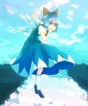  blue_dress blue_eyes blue_hair bow cirno dress flying hair_bow highres kneehighs loafers nosuku outstretched_arms shoes smile solo spread_arms touhou water white_legwear 