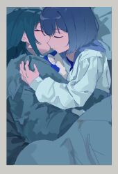  250ofk 2girls absurdres black_hoodie closed_eyes closed_mouth cuddling gakuen_idolmaster green_hair hand_on_another's_shoulder hataya_misuzu highres hood hoodie idolmaster kiss long_hair mole mole_under_mouth multiple_girls pillow purple_hair short_hair sleeping_together tsukimura_temari under_covers white_hoodie yuri 